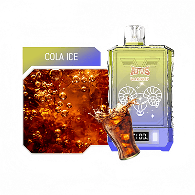 Graphic featuring a soda beverage labeled 'Cola Ice' with a beverage splash in front of a beverage-themed image, accompanied by a bottle with a ram skull design labeled 'AFUS Warship.'