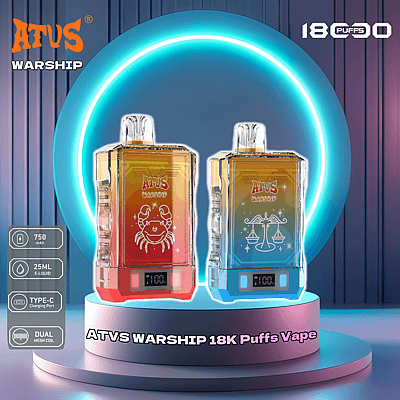 Two ATVS Warship vapes displayed on a futuristic stand, one red with a crab illustration and the other blue featuring scales, against a neon circular backdrop, highlighting features such as 750 mAh, 25ml e-liquid capacity, Type-C charging port, and dual mesh coil.