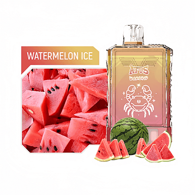 A bottle of flavored vape liquid labeled 'Watermelon Ice' featuring an illustration of a crab, alongside sliced watermelon pieces.