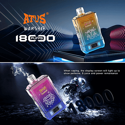 Promotional image for ATUS Warship 18,000 Puff e-cigarette, showcasing the product with colorful gradient exterior and digital display, accompanied by text describing its features, including lighting effects for patterns, e-juice, and power status.
