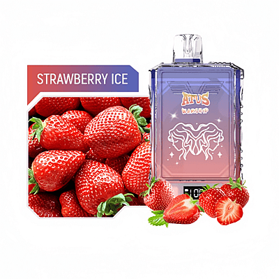 A rectangular vape device with pink and purple gradient design beside a close-up image of fresh red strawberries and a label reading 'Strawberry Ice.'