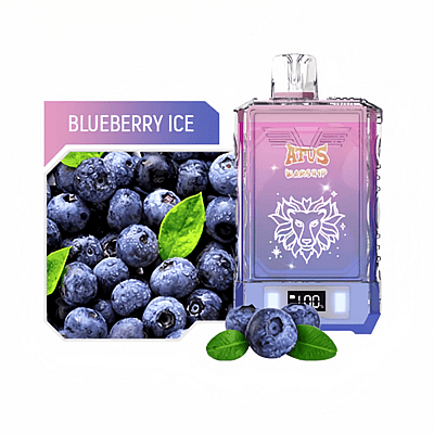 A product image featuring a vaping device with a blueberry ice flavor, decorated with a gradient background and a lion illustration, beside fresh blueberries and green leaves.