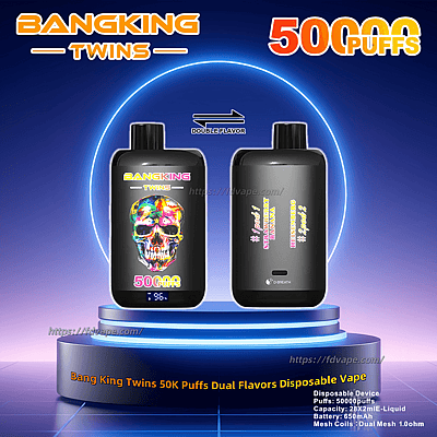 Een productafbeelding van de Bang King Twins wegwerp-vape met 50.000 trekjes en twee smaken, met een kleurrijk schedelontwerp op de verpakking en details over smaakopties, batterijcapaciteit en andere specificaties.