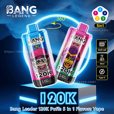 Gráfico promocional colorido para 'Bang Legend 5in1' exibindo dispositivos de vaporização rotulados como '120K', com marca vibrante, um indicador de rotação de 360 graus e destaques das especificações do produto, incluindo bobina de malha, capacidade de 50 ml e carregamento Tipo C.