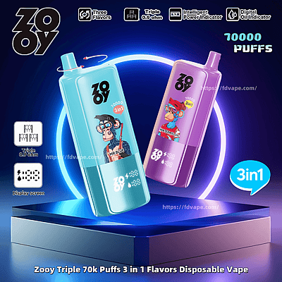 Two colorful Zooy Triple disposable vape devices displayed on a lit platform, featuring designs with cartoon monkey graphics, highlighting 3-in-1 flavor options and a 70,000 puff capacity.
