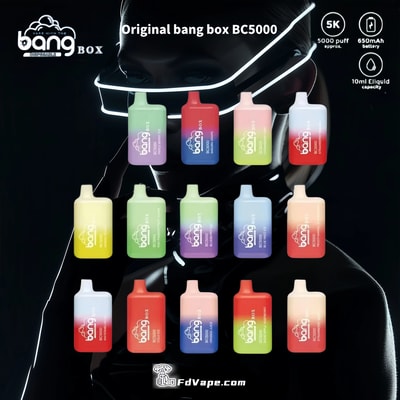 Uma imagem promocional dos dispositivos de vaporização Bang Box BC5000, exibindo vários modelos coloridos com informações do produto, incluindo especificações como 5000 tragadas, bateria de 650mAh e capacidade de e-líquido de 10ml, em um cenário de design futurista.
