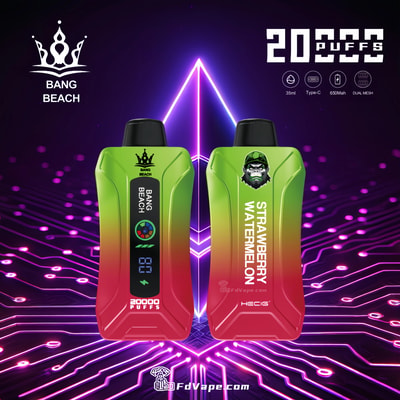 Original Bang Beach 20000 Puffs New LED Display Disposable Vape, offering up to 20000 puffs with a 35ml e-liquid capacity, customizable nicotine strengths, a 650mAh battery, and a convenient Type-C charging port. Equipped with a 1.0 mesh coil, adjustable airflow, and an LED display, it ensures a premium, reliable, and enjoyable vaping experience.
