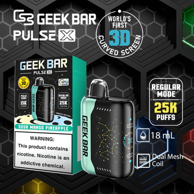 Geek Bar Pulse X wegwerp-vape met 3D-gebogen scherm, met 25.000 trekjes, 18 ml e-liquid, dubbele mesh-coil en Sour Mango Pineapple-smaak.