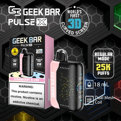 Geek Bar Pulse X vape-apparaat met een roze en zwart ontwerp, 3D-gebogen scherm, 18 ml e-liquid-capaciteit, dubbele mesh-spoel, 25.000 trekjes in de normale modus en de smaak "Strawberry B-Pop".