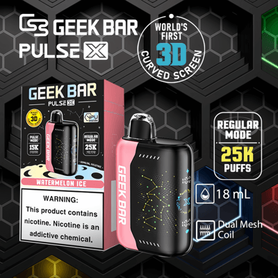 Geek Bar Pulse X 3D gebogen scherm vape-apparaat met 25K trekjes, 18 ml capaciteit en dubbele mesh-coil, afgebeeld samen met de verpakking met de smaak Watermelon Ice en een nicotinewaarschuwing.