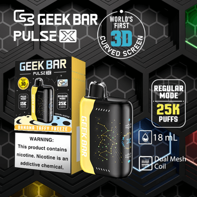 Geek Bar Pulse X Banana Taffy Freeze vape met 3D gebogen scherm, normale modus 25K trekjes, 18 ml capaciteit, dubbele mesh coil en nicotinewaarschuwing.
