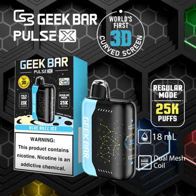Geek Bar Pulse X Blue Razz Ice vape-apparaat met 3D gebogen scherm, 18 ml capaciteit, dubbele mesh-spoel en tot 25.000 trekjes in de normale modus. Waarschuwing: bevat nicotine.