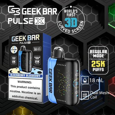 Geek Bar Pulse X wegwerp-vape met 3D-gebogen scherm, dubbele mesh-spoel, 18 ml-capaciteit en 25.000 trekjes, in de smaak Blackberry Blueberry met nicotinewaarschuwing.