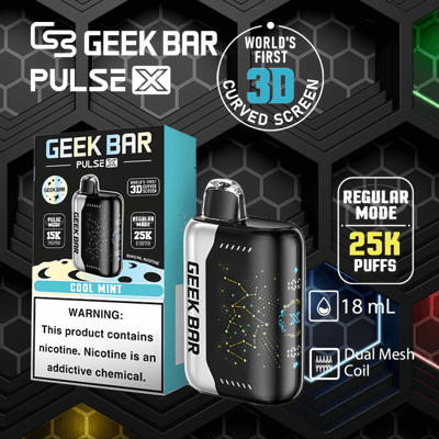 Geek Bar Pulse X Cool Mint vape met 3D gebogen scherm, 25.000 trekjes in de normale modus, 18 ml capaciteit en dubbele mesh-coil.