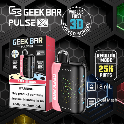 Geek Bar Pulse X vape-apparaat met een 3D gebogen scherm, dubbele mesh-spoel, 18 ml vloeistofcapaciteit en tot 25.000 trekjes in de normale modus. Sour Straws-smaakverpakking weergegeven met een nicotinewaarschuwing.