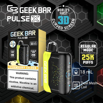 Geek Bar Pulse X wegwerp-vape-apparaat in Strawberry Colada-smaak, met 3D-gebogen scherm, 25K trekjes, 18 ml e-liquid en dubbele mesh-spoel. Waarschuwingslabel: product bevat nicotine.
