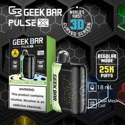 Geek Bar Pulse X wegwerp vape verpakking met een zwart apparaat met een groen accent, 3D gebogen scherm, 25K trekjes in de normale modus, 18 ml capaciteit en dubbele mesh coil. De smaak is Grapefruit Refresher met een nicotinewaarschuwing.