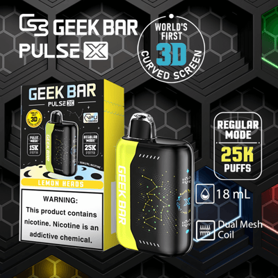 Geek Bar Pulse X vape-apparaat met 3D-gebogen scherm, Lemon Heads-smaak, 25.000 trekjes, capaciteit van 18 ml en dubbele mesh-coil.