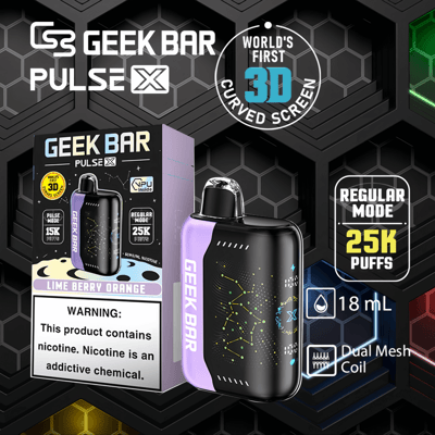 Geek Bar Pulse X vape-apparaat met 3D-gebogen scherm, limoen-bessensmaak, 18 ml capaciteit, dubbele mesh-spoel, normale modus met 25.000 trekjes en een nicotinewaarschuwing.