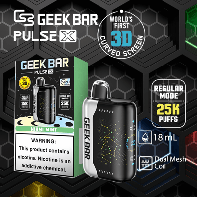 Geek Bar Pulse X vape-apparaat met een 3D-gebogen scherm, Miami Mint-smaak, 18 ml-capaciteit, dubbele mesh-spoel en opties voor 15.000 trekjes in pulsmodus of 25.000 trekjes in normale modus.