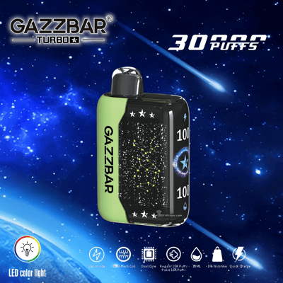Appareil de vapotage GAZZBAR Turbo avec lumière LED colorée, 30 000 bouffées, bobine en maille à double cœur, capacité de 18 ml, nicotine 5% et fonction de charge rapide.