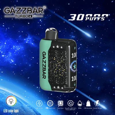 Cigarette électronique GAZZBAR Turbo avec lumière LED colorée et 30 000 bouffées sur fond de thème spatial.
