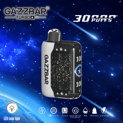 Appareil de vapotage GAZZBAR Turbo sur fond de thème spatial, avec texte « 30 000 PUFFS », lumière LED de couleur et fonctionnalités d'icônes détaillées.