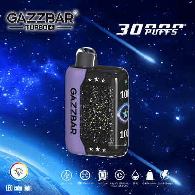 "Appareil de vapotage GAZZBAR Turbo avec 30 000 bouffées, lumière LED colorée, bobine en maille à double cœur, capacité de 18 ml, nicotine 5% et charge rapide, présenté sur un fond sur le thème de l'espace."