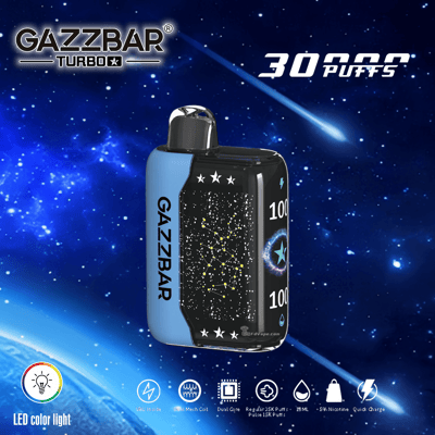 Publicité de l'appareil de vapotage Gazzbar Turbo, présentant une lumière de couleur LED et des spécifications pour 30 000 bouffées, VPU à l'intérieur, bobine en maille, double cœur, e-liquide de 18 ml, nicotine 5% et charge rapide.