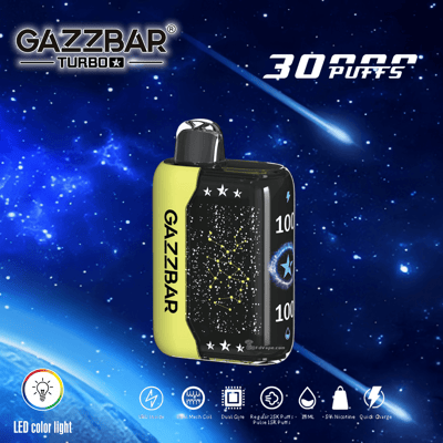 Appareil de vapotage Gazzbar Turbo avec un design sur le thème de l'espace, une capacité de 30 000 bouffées, une lumière LED colorée et diverses icônes de fonctionnalités en bas.