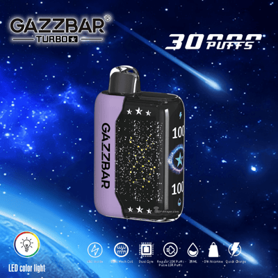 Appareil de vapotage GAZZBAR Turbo au design sur le thème de la galaxie, doté de 30 000 bouffées, d'une lumière LED colorée et de diverses spécifications, notamment une capacité de 18 ml, de la nicotine 5%, un double cœur, une bobine en maille et une charge rapide.
