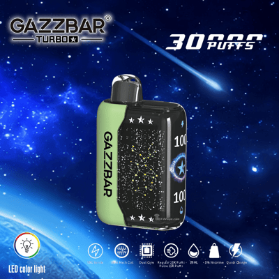 Appareil de vapotage Gazzbar Turbo 10000 bouffées avec lumière de couleur LED, affiché sur un fond d'espace étoilé.