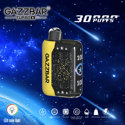Appareil de vapotage GAZZBAR Turbo au design cosmique et panneau latéral jaune, étiqueté « 30 000 bouffées » et doté d'une lumière LED colorée, d'un VPU à l'intérieur, d'une bobine en maille double cœur, d'un mode bouffée de 25 000, d'un mode bouffée d'impulsion de 15 000, d'une capacité de 18 ml, de nicotine 5% et d'icônes de charge rapide sur un fond spatial.