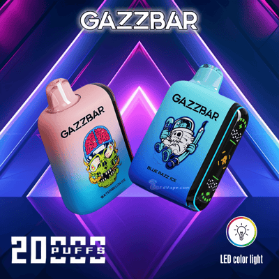 Gazzbar-Vaping-Geräte in den Farbverläufen Pink-Blau und Blau mit LED-Farblicht, 20.000 Züge.
