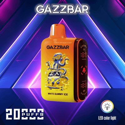 Dispositivo de vapor colorido rotulado como "GAZZBAR" com sabor "White Gummy Ice", apresentando um gráfico de um polvo e uma van. O fundo é composto de luzes de neon geométricas vibrantes. O texto diz "20.000 puffs" e "luz colorida de LED".