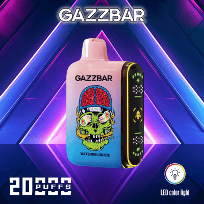 Dispositivo vape descartável colorido com um design que apresenta uma cabeça de zumbi estilizada e rotulado como "GAZZBAR" e "Watermelon Ice". O fundo tem um padrão geométrico neon com texto destacando "20000 Puffs" e "LED color light".