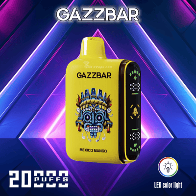 Vaporizador descartável Gazzbar com o rótulo "Mexico Mango" com 20.000 tragadas, luz LED colorida e um intrincado gráfico de máscara em estilo asteca em um fundo amarelo.