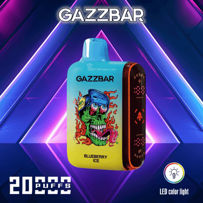 Vaporizador descartável GazzBar com um design de caveira colorida, rotulado "Blueberry Ice", 20.000 tragadas, luz LED colorida.