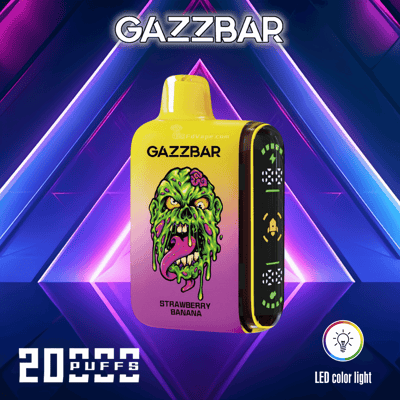Dispositivo de vaporização colorido com a marca "GAZZBAR" e "20.000 puffs" exibidos, apresentando um gráfico de um rosto de zumbi verde com o sabor "Strawberry Banana" indicado. O fundo inclui luzes de neon futuristas e um ícone indicando um recurso de luz colorida de LED.