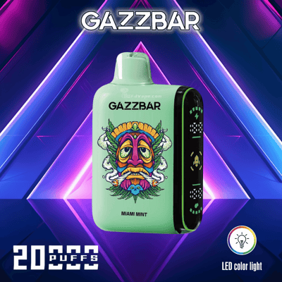 Dispositivo de vaporização Gazzbar com sabor Miami Mint, mostrando recurso de luz LED colorida e 20.000 tragadas em um fundo geométrico.