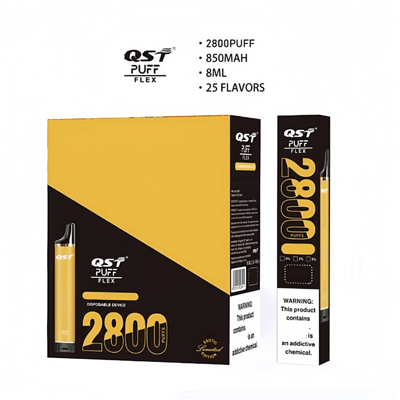 Dispositivo di svapo monouso QST Puff Flex con 2800 boccate, batteria da 850 mAh, capacità di 8 ml e 25 aromi.