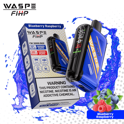 A Wasp FiHP vape device and its box, featuring Blueberry Raspberry flavor with 30000 puffs and nicotine warning.
