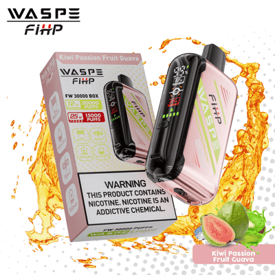 WASPE FiHP vape device and its packaging featuring Kiwi Passion Fruit Guava flavor, with a warning label about nicotine addiction.