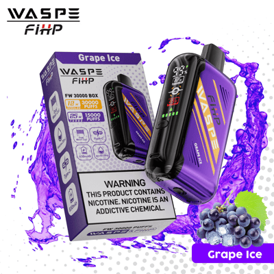 WASPE FIHP disposable vape with Grape Ice flavor, showing packaging and device. Features include 30000 puffs, 12mL nicotine, 28mL e-liquid, and Type-C charging. Contains nicotine warning.
