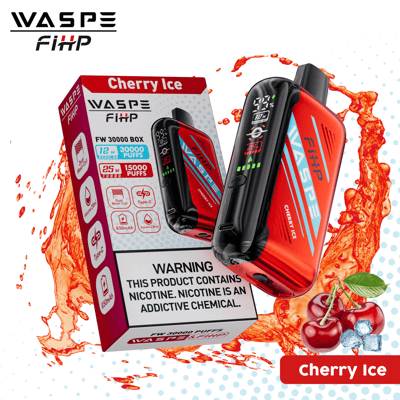 WASPE FiiHP Cherry Ice flavored vaping device packaging with device, cherry, and ice cube graphics. Warning label about nicotine addiction.