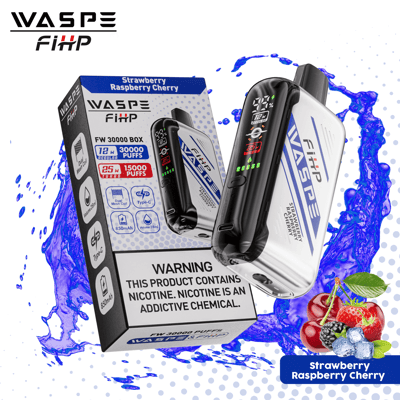 WASPE FIHP vape device and packaging box with "Strawberry Raspberry Cherry" flavor, featuring product specifications and a nicotine warning label.