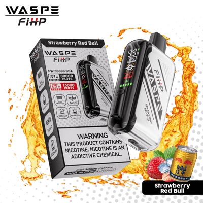 WASPE FiiHP vape device and packaging featuring a "Strawberry Red Bull" flavor with 30,000 puffs capacity, nicotine warning label, and product details.