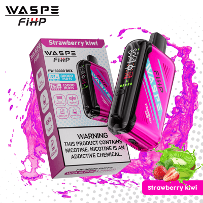 WASPE FihP FW 30000 Box disposable vape in strawberry kiwi flavor with 30,000 puffs, 850mAh battery, Type-C charging, and nicotine warning label on packaging.