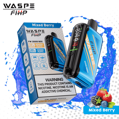 WASPE FiHP vape device with 30,000 puffs, mixed berry flavor, shown alongside its packaging, featuring key specifications like 12mL nicotine, Type-C charging, 850mAh battery, and multi-coil technology.