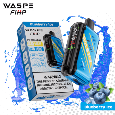 WASPE FiHP Blueberry Ice disposable vape with packaging, displaying key features like 30,000 puffs, 12mL e-liquid, 850mAh battery, and nicotine warning.
